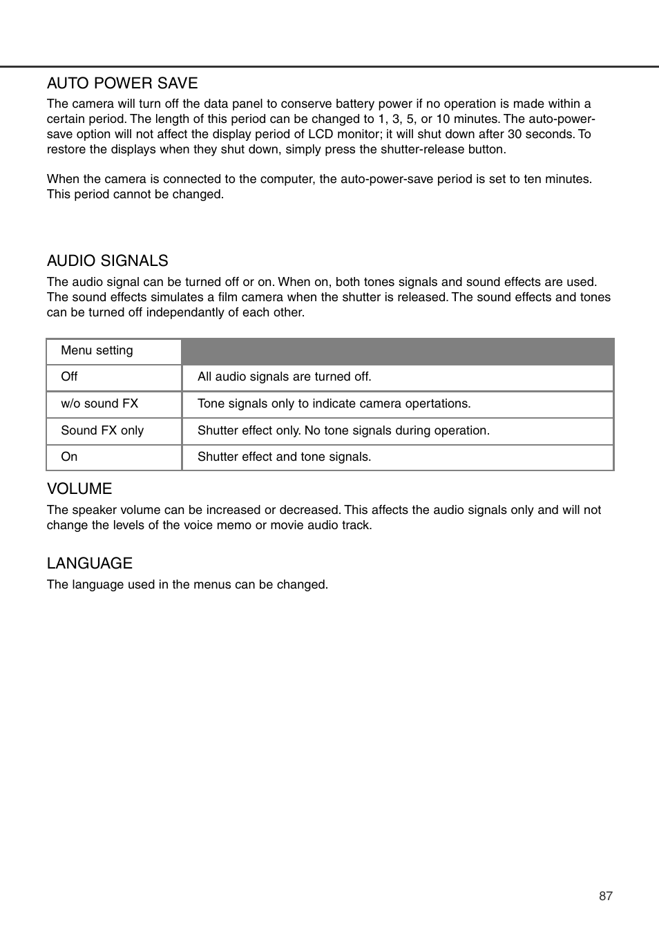 Auto power save audio signals volume language | Konica Minolta DiMAGE S404 User Manual | Page 87 / 116
