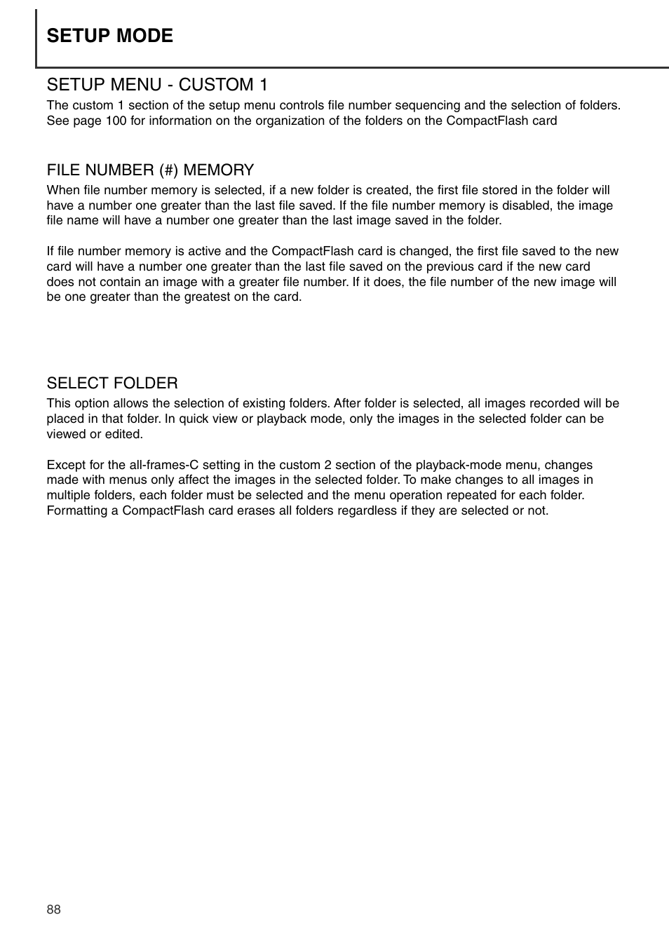Setup menu - custom 1, File number memory select folder, Setup mode | Konica Minolta DiMAGE S404 User Manual | Page 88 / 116