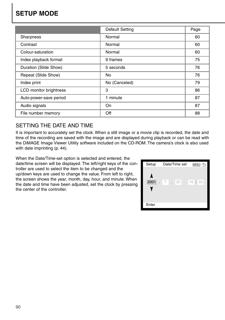 Setting the date and time, Setup mode | Konica Minolta DiMAGE S404 User Manual | Page 90 / 116