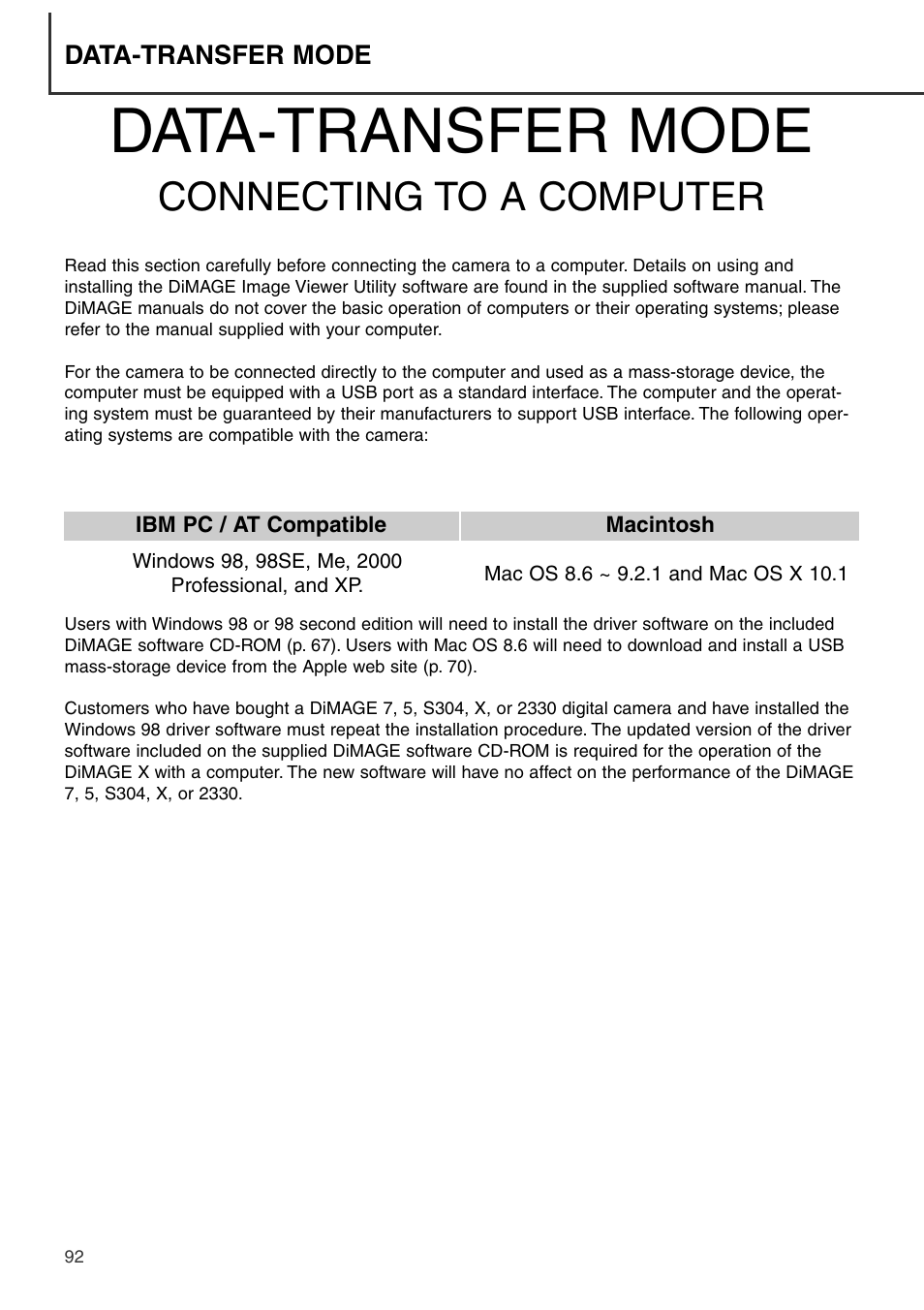 Data-transfer mode - connecting to a computer, Data-transfer mode, Connecting to a computer | Konica Minolta DiMAGE S404 User Manual | Page 92 / 116