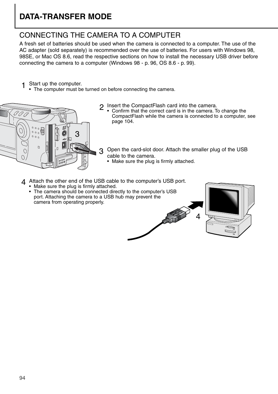 Connecting the camera to a computer, Data-transfer mode | Konica Minolta DiMAGE S404 User Manual | Page 94 / 116