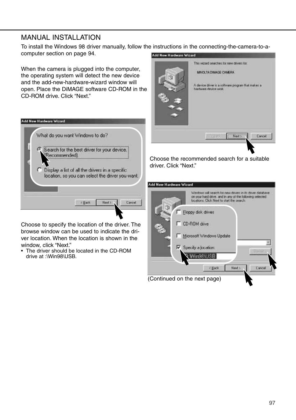 Manual installation | Konica Minolta DiMAGE S404 User Manual | Page 97 / 116