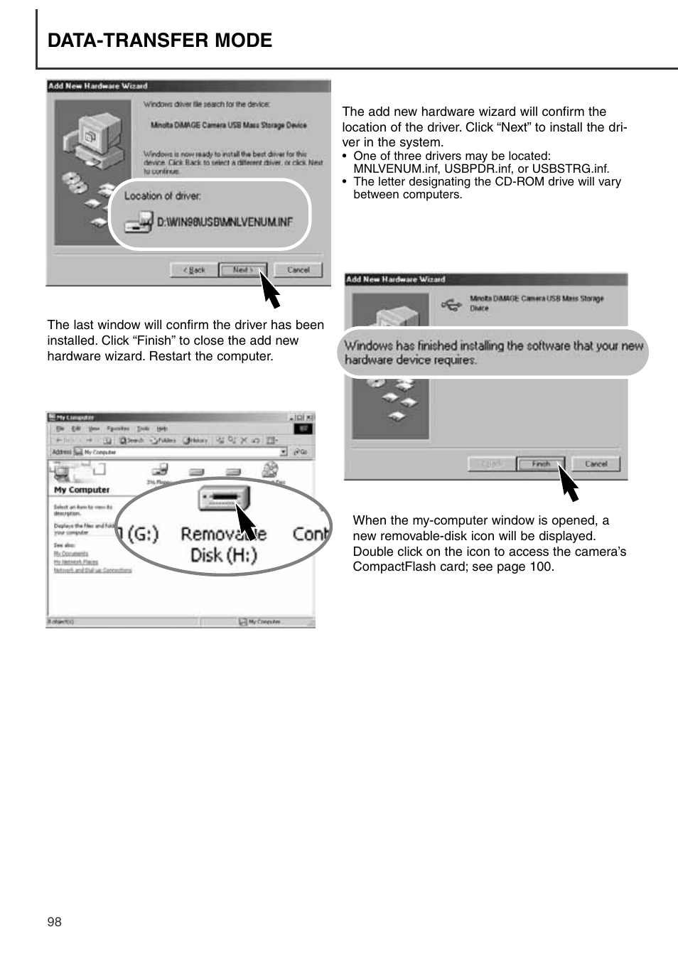 Data-transfer mode | Konica Minolta DiMAGE S404 User Manual | Page 98 / 116