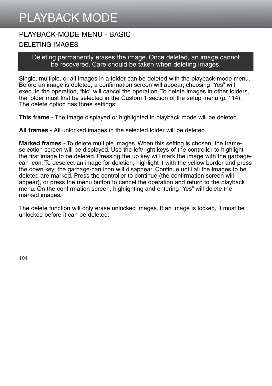 Playback-mode menu - basic, Deleting images, Playback mode | Konica Minolta 5D User Manual | Page 104 / 150