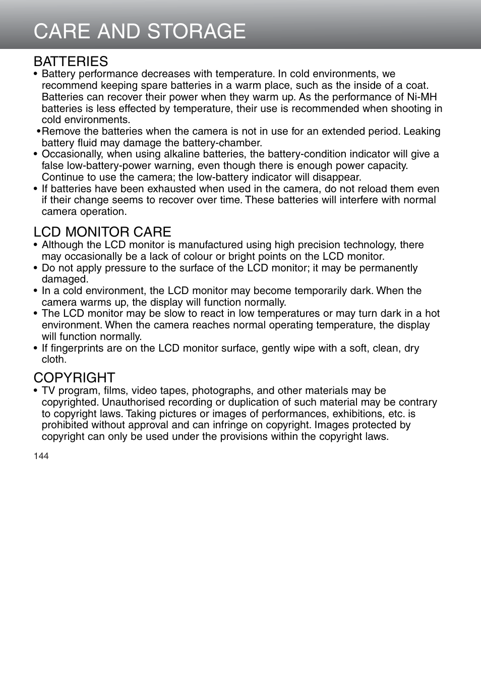 Care and storage, Batteries, Lcd monitor care | Copyright | Konica Minolta 5D User Manual | Page 144 / 150