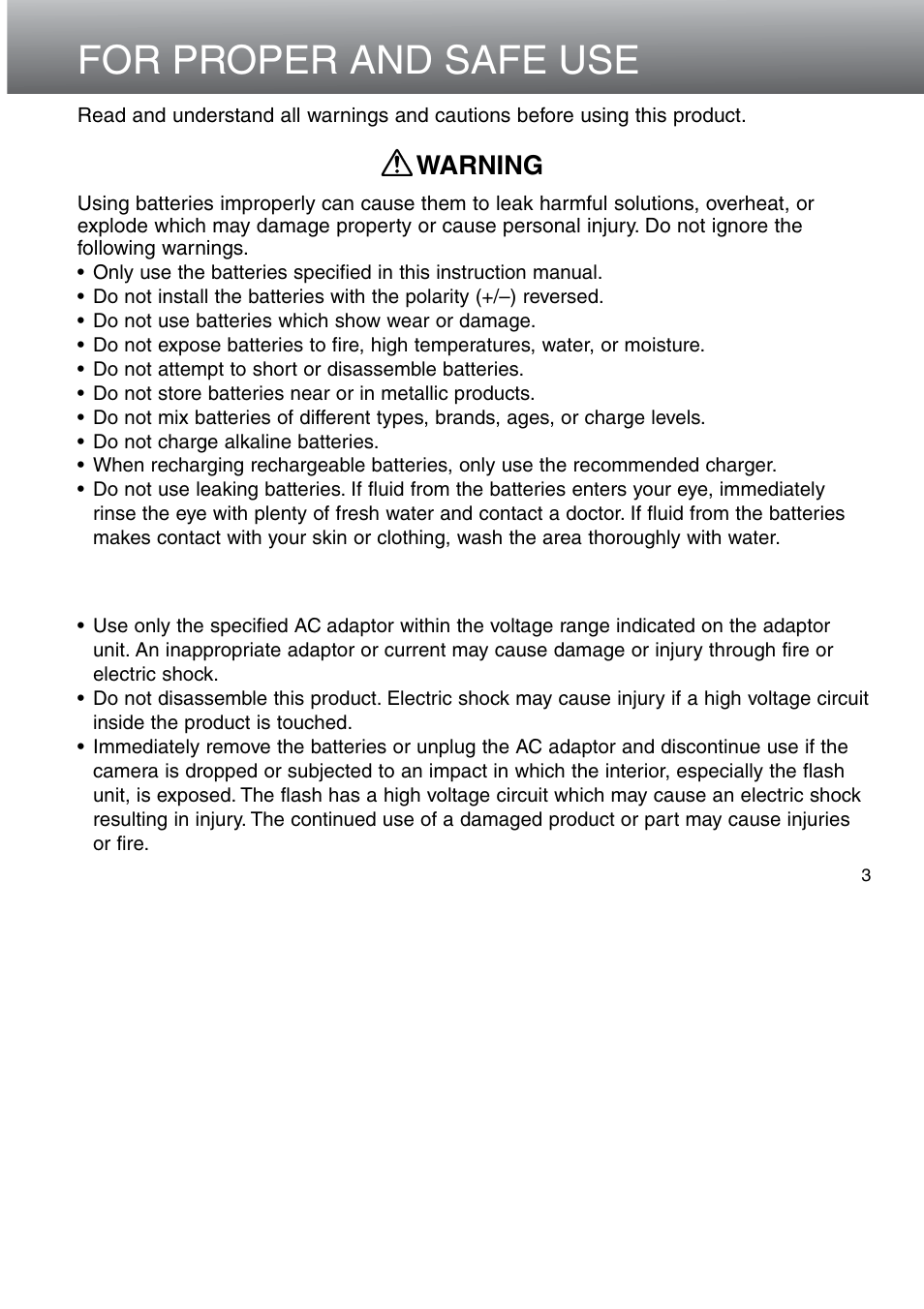 For proper and safe use, Warning | Konica Minolta 5D User Manual | Page 3 / 150