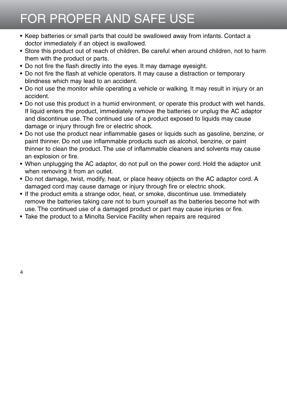 For proper and safe use | Konica Minolta 5D User Manual | Page 4 / 150