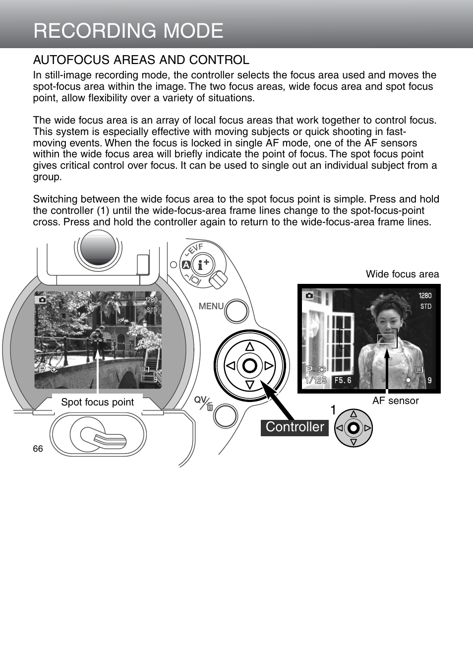 Autofocus areas and control, Recording mode, Controller 1 | Konica Minolta 5D User Manual | Page 66 / 150