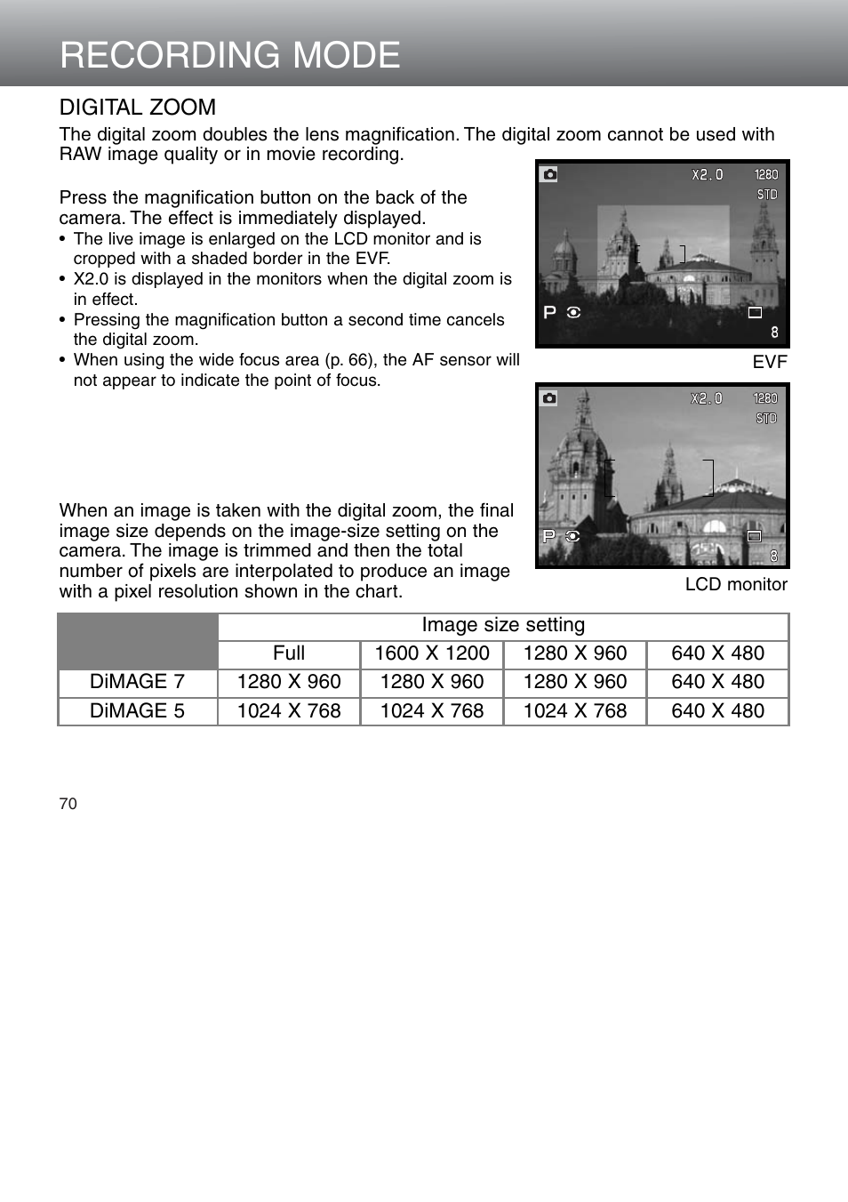 Digital zoom, Recording mode | Konica Minolta 5D User Manual | Page 70 / 150