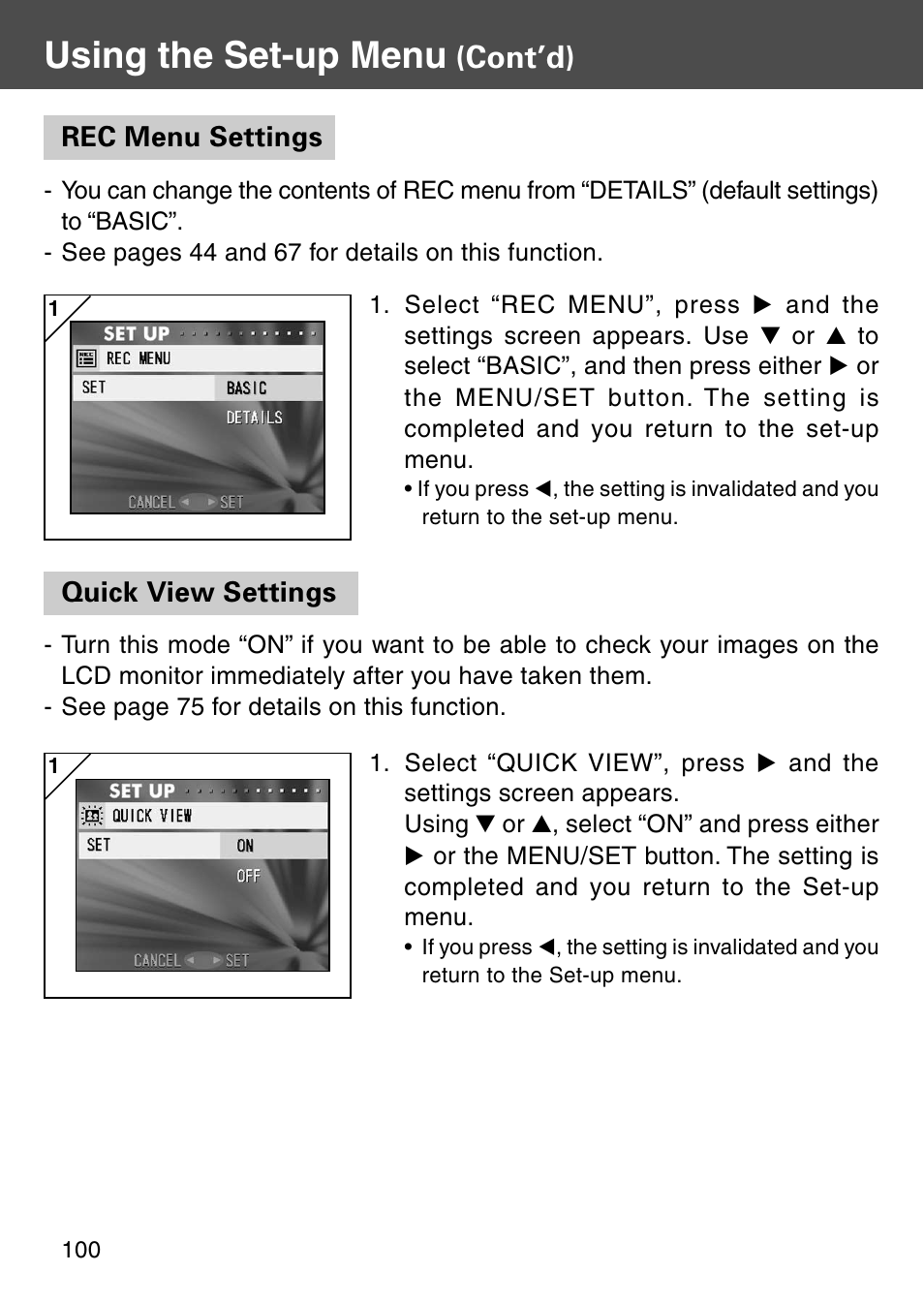 Rec menu settings, Quick view settings, Rec menu settings quick view settings | Using the set-up menu, Cont’d) | Konica Minolta KD-510Z User Manual | Page 100 / 131