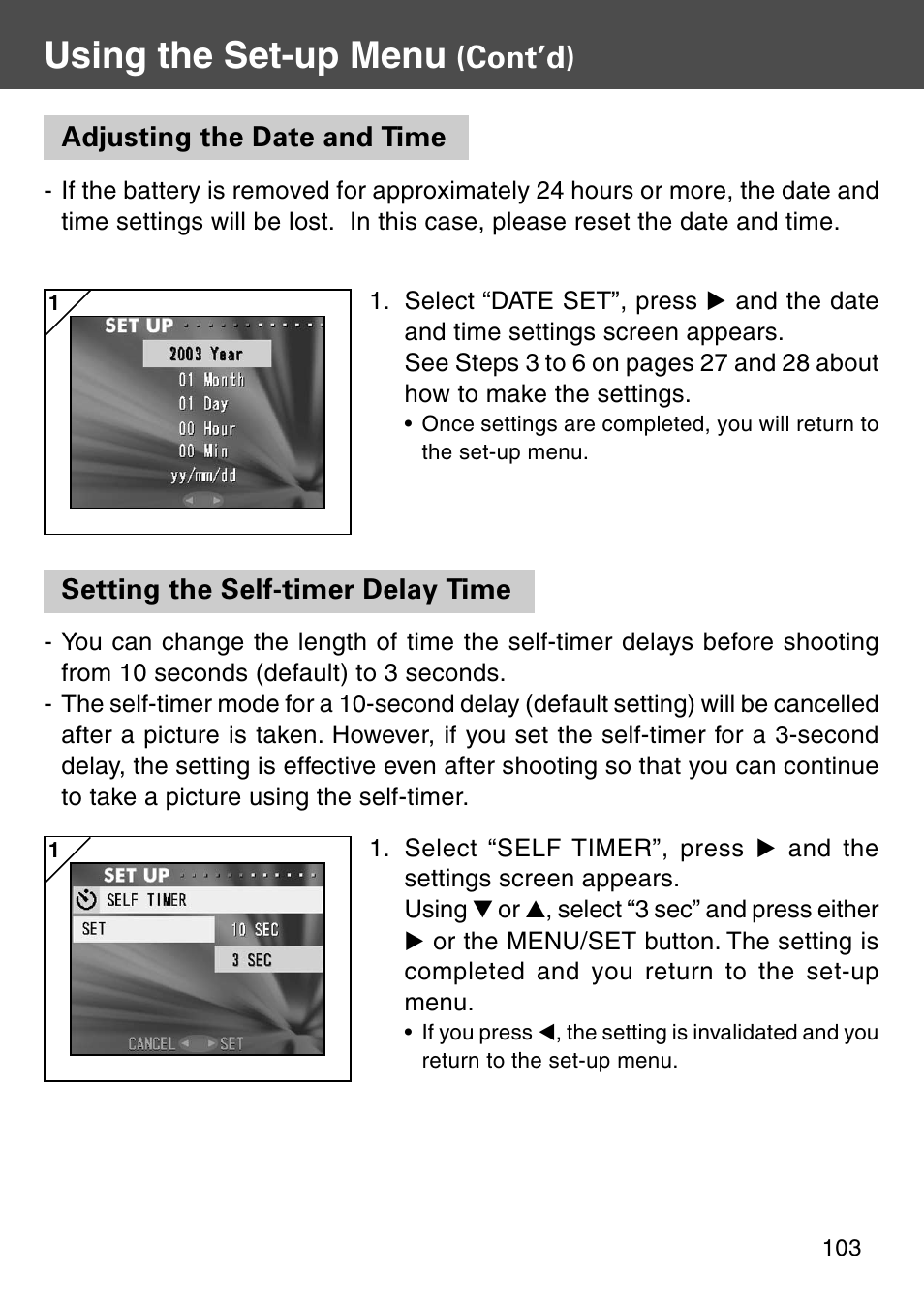 Adjusting the date and time, Setting the self-timer delay time, Using the set-up menu | Cont’d) | Konica Minolta KD-510Z User Manual | Page 103 / 131