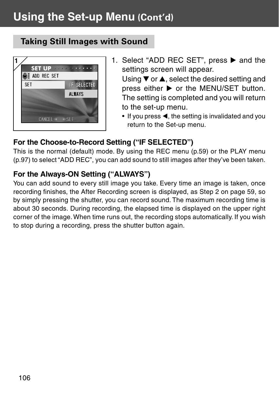 Taking still images with sound, Using the set-up menu, Cont’d) | Konica Minolta KD-510Z User Manual | Page 106 / 131