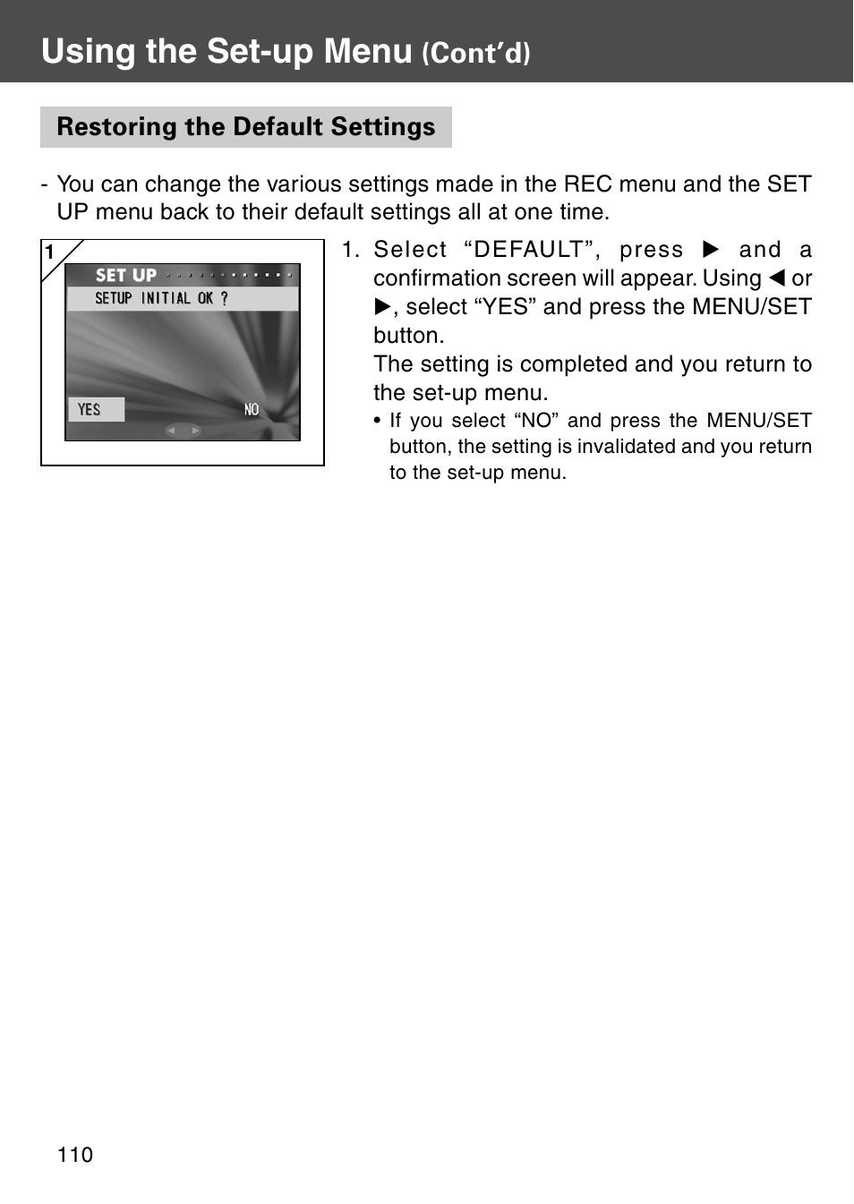 Restoring the default settings, Using the set-up menu, Cont’d) | Konica Minolta KD-510Z User Manual | Page 110 / 131