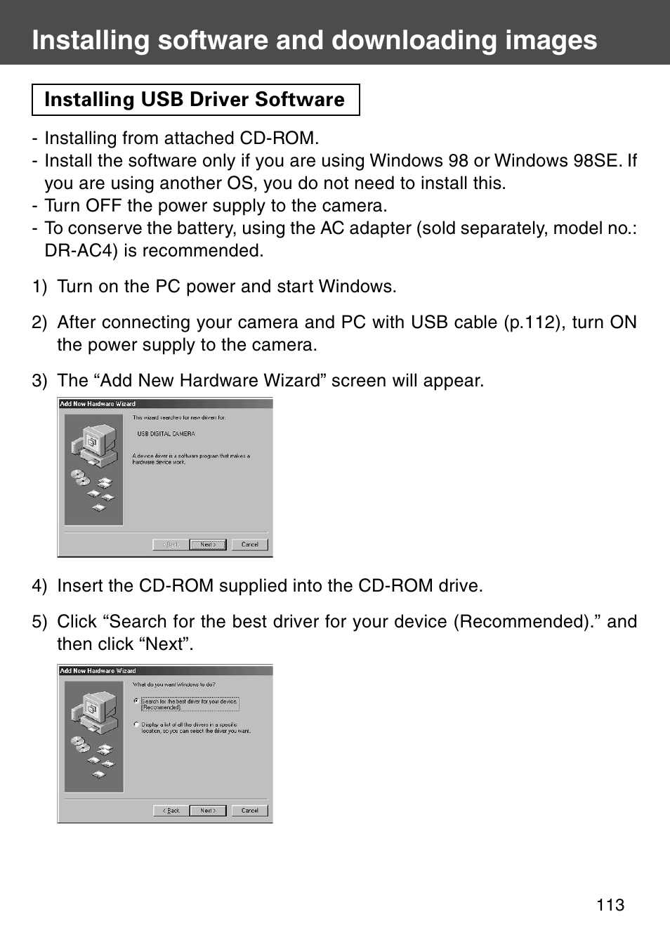 Installing software and downloading images, Installing usb driver software | Konica Minolta KD-510Z User Manual | Page 113 / 131