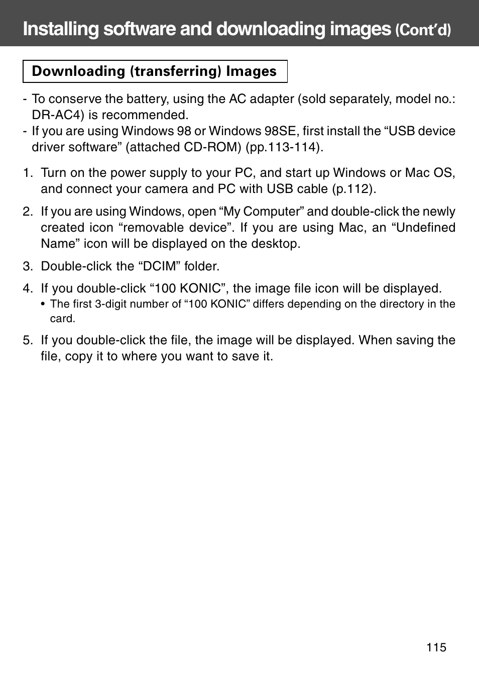 Downloading (transferring) images, Installing software and downloading images, Cont’d) | Konica Minolta KD-510Z User Manual | Page 115 / 131