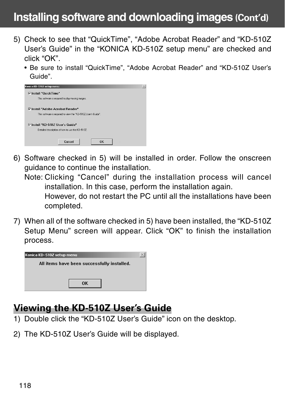 Installing software and downloading images, Viewing the kd-510z user’s guide, Cont’d) | Konica Minolta KD-510Z User Manual | Page 118 / 131