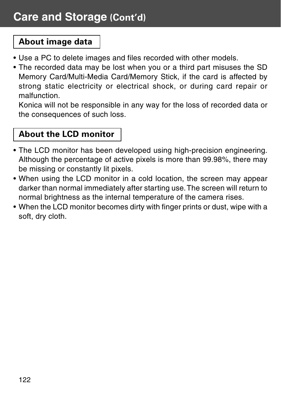 Care and storage, Cont’d) | Konica Minolta KD-510Z User Manual | Page 122 / 131