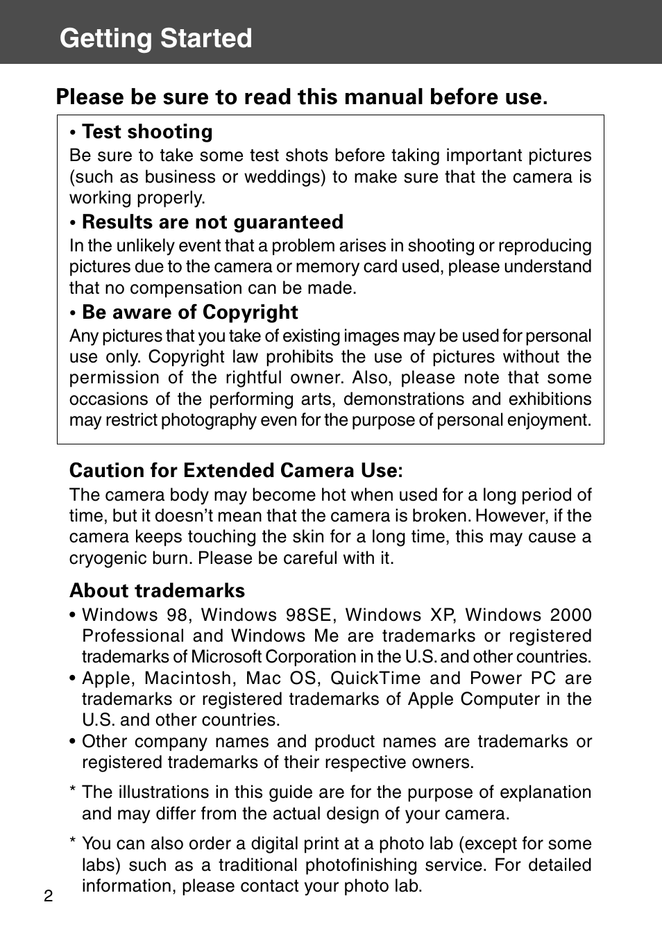 Getting started, Please be sure to read this manual before use | Konica Minolta KD-510Z User Manual | Page 2 / 131