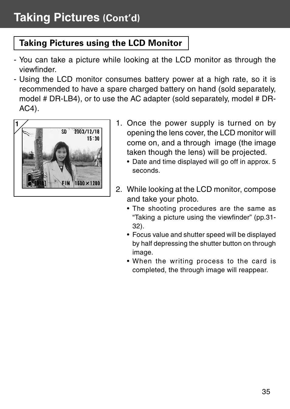 Taking pictures using the lcd monitor, Taking pictures, Cont’d) | Konica Minolta KD-510Z User Manual | Page 35 / 131