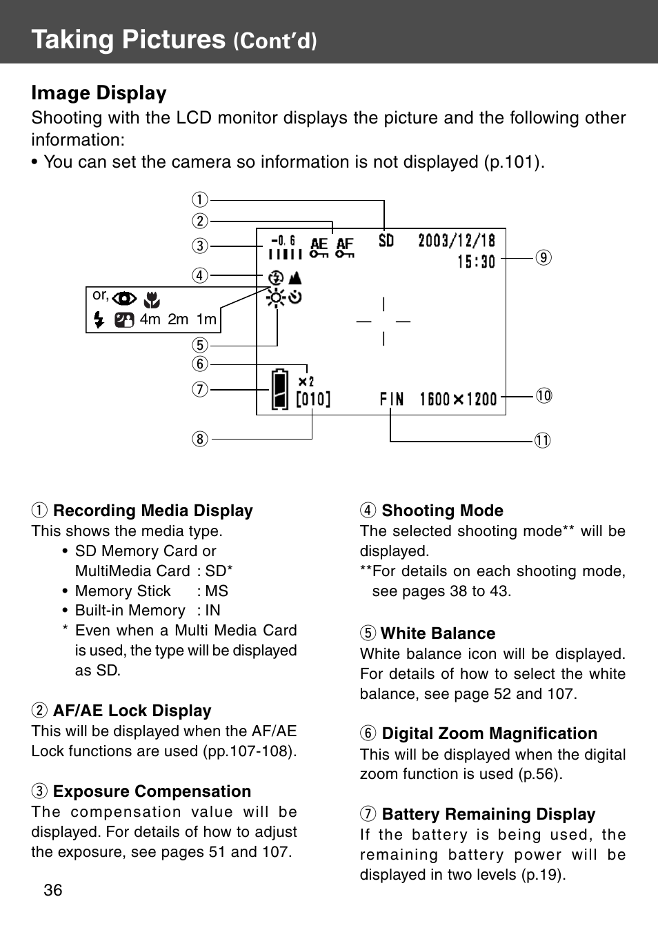 Taking pictures, Cont’d), Image display | Konica Minolta KD-510Z User Manual | Page 36 / 131