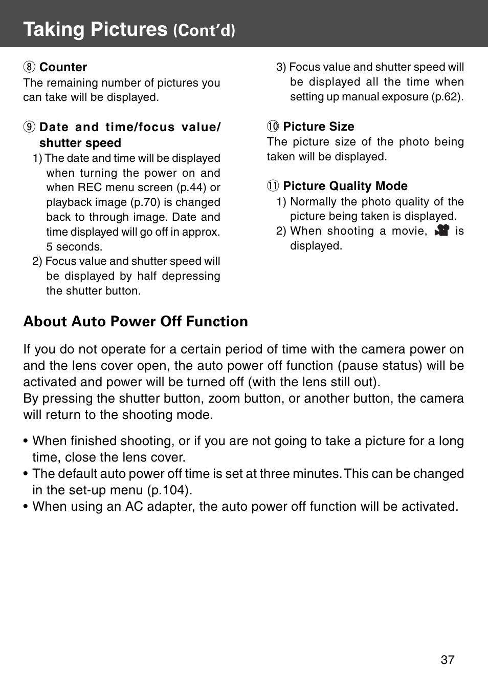 Taking pictures, Cont’d), About auto power off function | Konica Minolta KD-510Z User Manual | Page 37 / 131