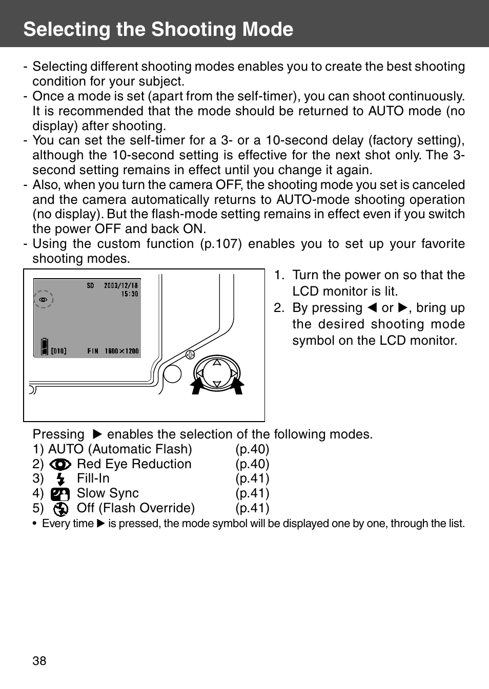 Selecting the shooting mode | Konica Minolta KD-510Z User Manual | Page 38 / 131