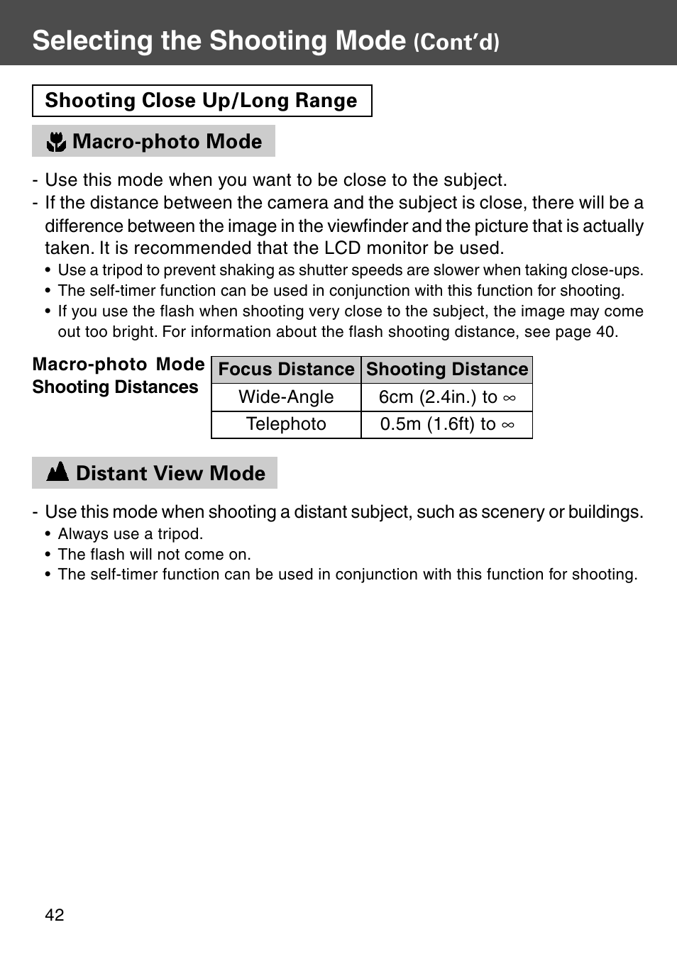 Macro-photo mode, Distant view mode, Macro-photo mode distant view mode | Selecting the shooting mode, Cont’d) | Konica Minolta KD-510Z User Manual | Page 42 / 131