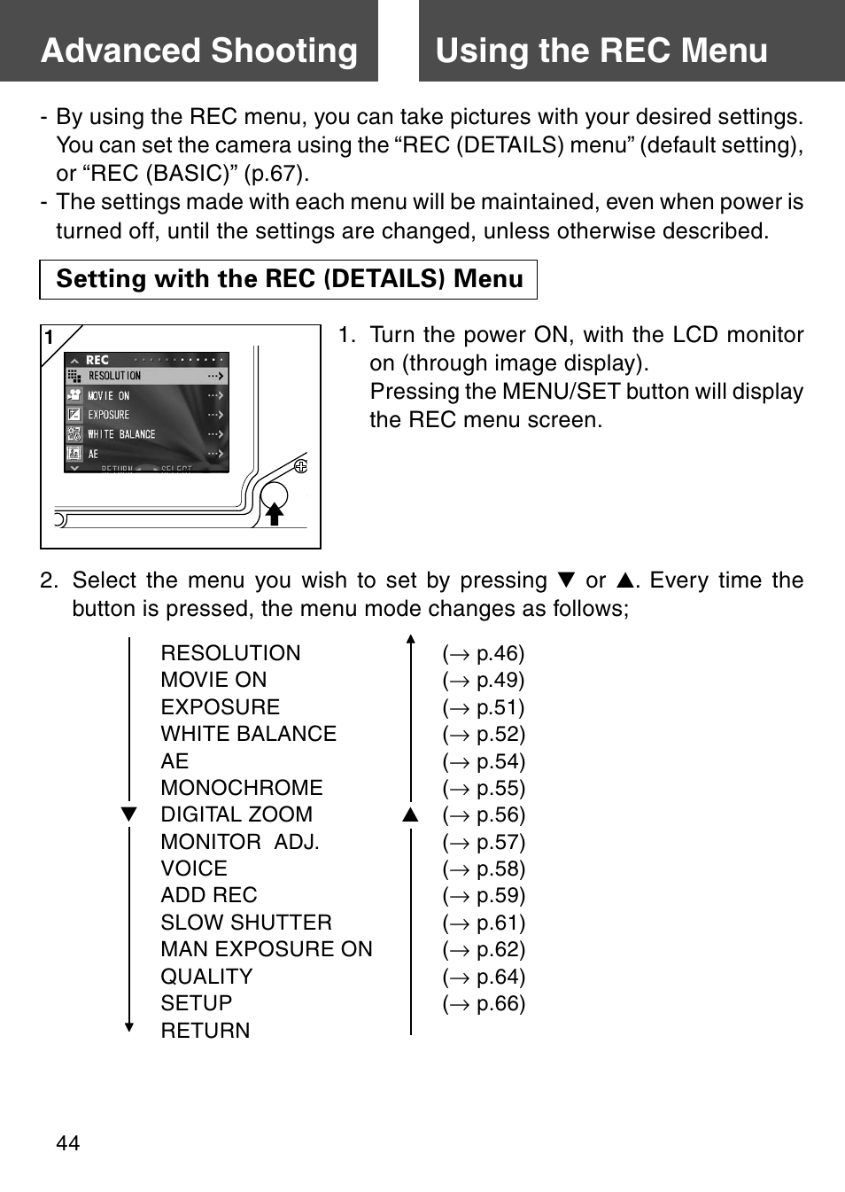 Advanced shooting, Using the rec menu, Setting with the rec (details) menu | Using the rec menu advanced shooting | Konica Minolta KD-510Z User Manual | Page 44 / 131