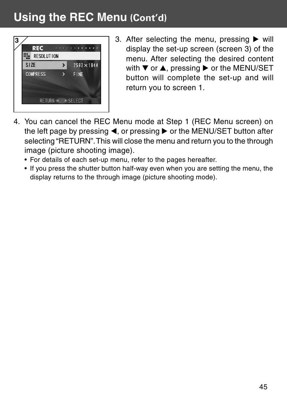 Using the rec menu, Cont’d) | Konica Minolta KD-510Z User Manual | Page 45 / 131