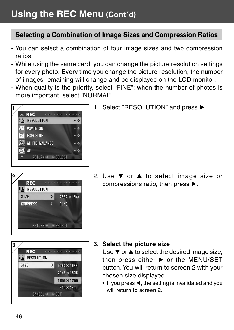 Selecting a combination of image sizes and, Compression ratios, Using the rec menu | Cont’d) | Konica Minolta KD-510Z User Manual | Page 46 / 131