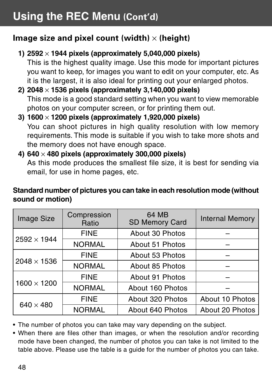 Using the rec menu, Cont’d) | Konica Minolta KD-510Z User Manual | Page 48 / 131