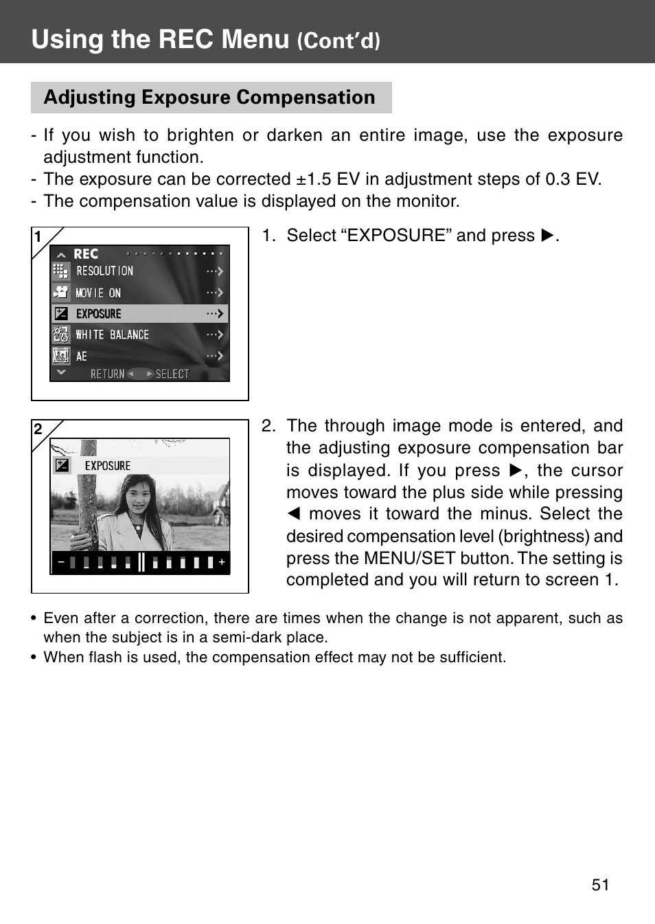 Adjusting exposure compensation, Using the rec menu, Cont’d) | Konica Minolta KD-510Z User Manual | Page 51 / 131
