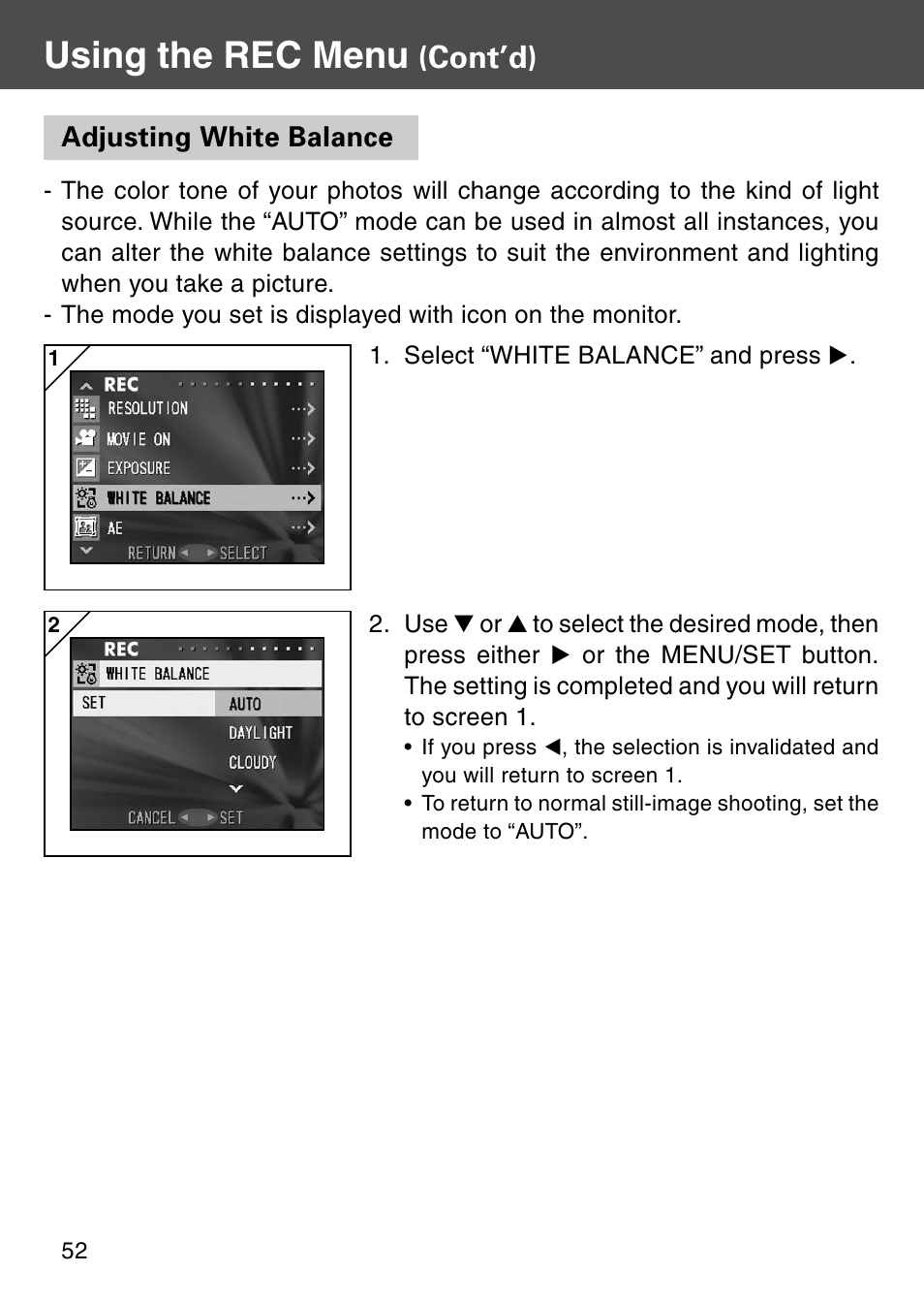 Adjusting white balance, Using the rec menu, Cont’d) | Konica Minolta KD-510Z User Manual | Page 52 / 131