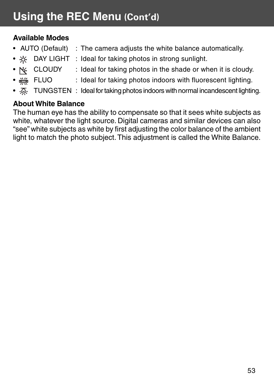 Using the rec menu, Cont’d) | Konica Minolta KD-510Z User Manual | Page 53 / 131