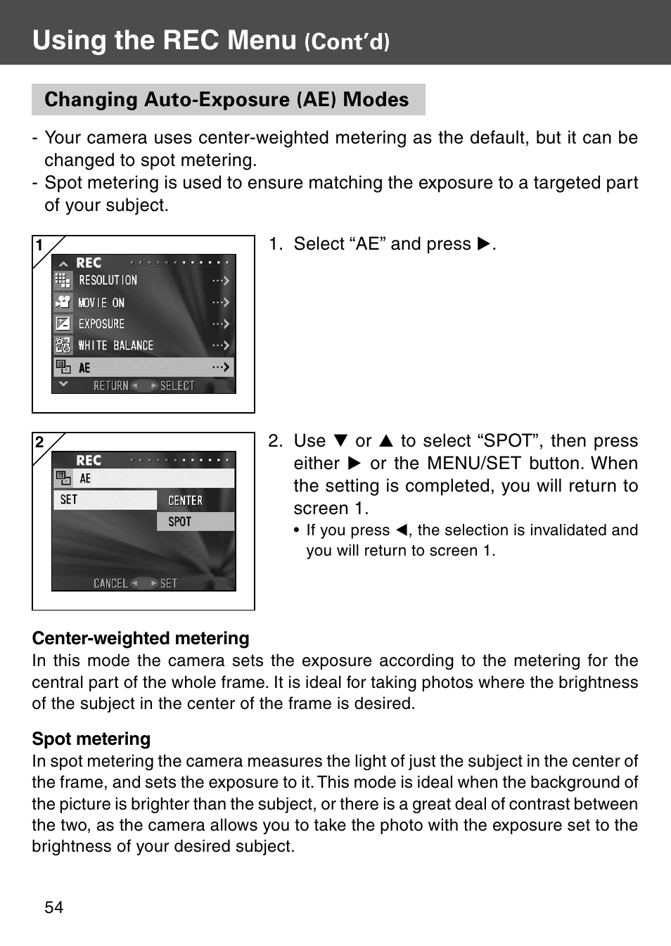 Changing auto-exposure (ae) modes, Using the rec menu, Cont’d) | Konica Minolta KD-510Z User Manual | Page 54 / 131