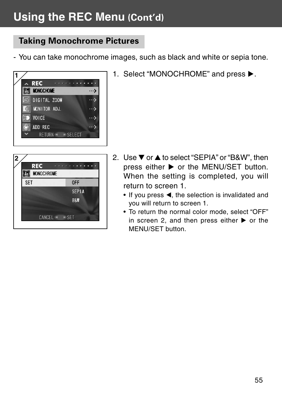 Taking monochrome pictures, Using the rec menu, Cont’d) | Konica Minolta KD-510Z User Manual | Page 55 / 131