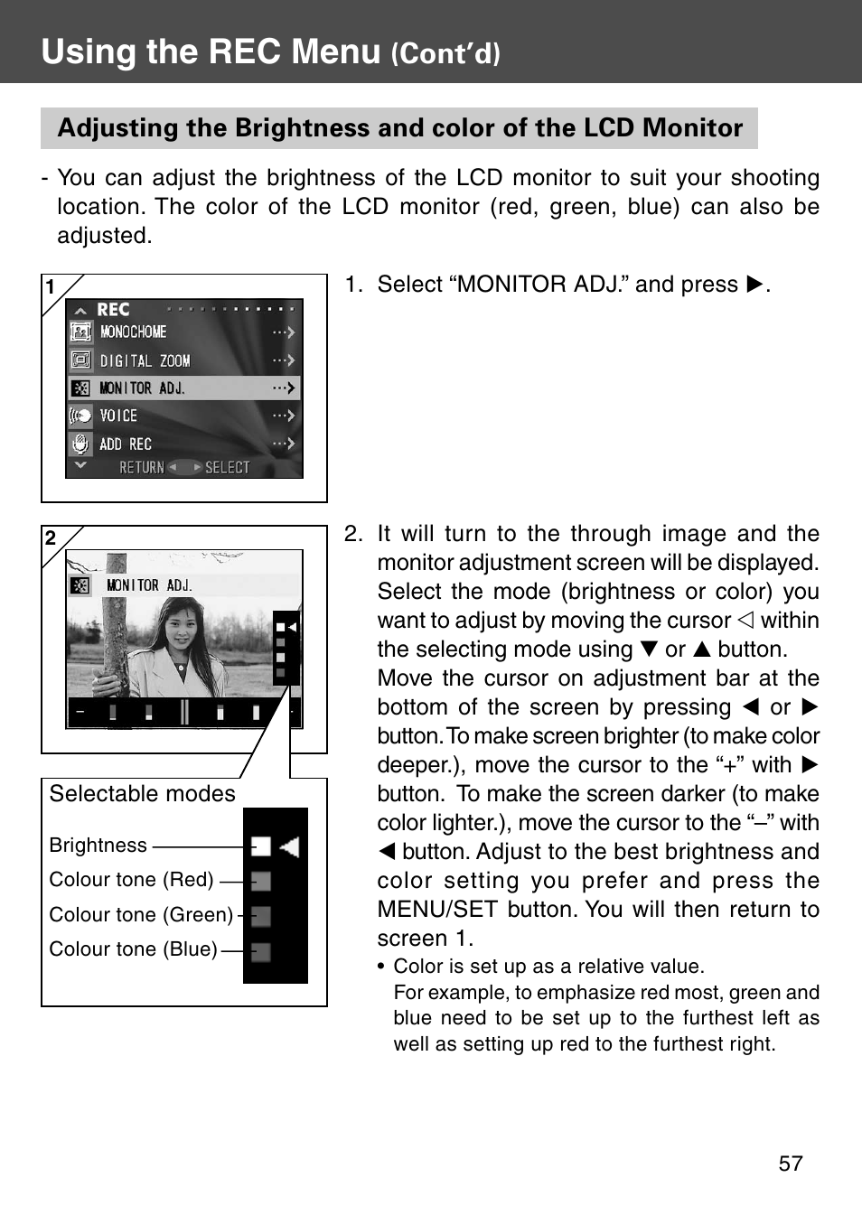 Using the rec menu, Cont’d), Selectable modes | Konica Minolta KD-510Z User Manual | Page 57 / 131
