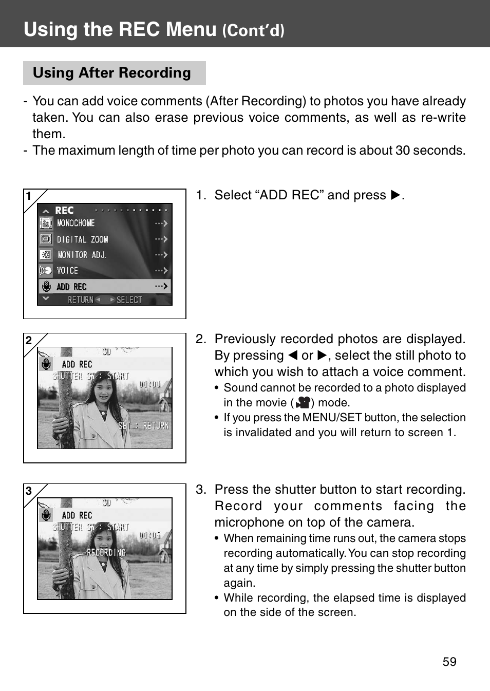 Using after recording, Using the rec menu, Cont’d) | Konica Minolta KD-510Z User Manual | Page 59 / 131
