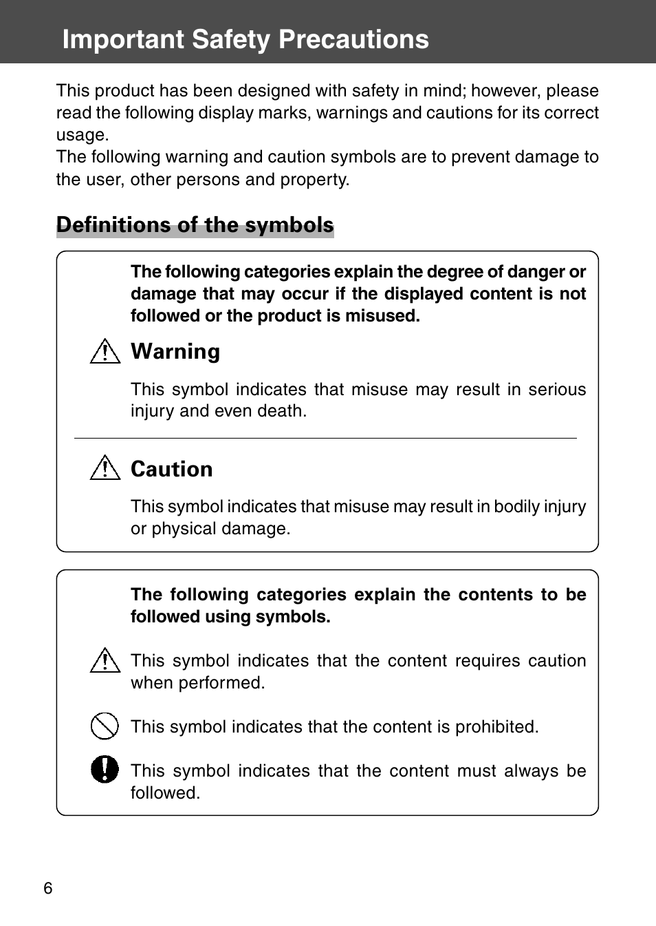 Important safety precautions, Definitions of the symbols, Warning | Caution | Konica Minolta KD-510Z User Manual | Page 6 / 131