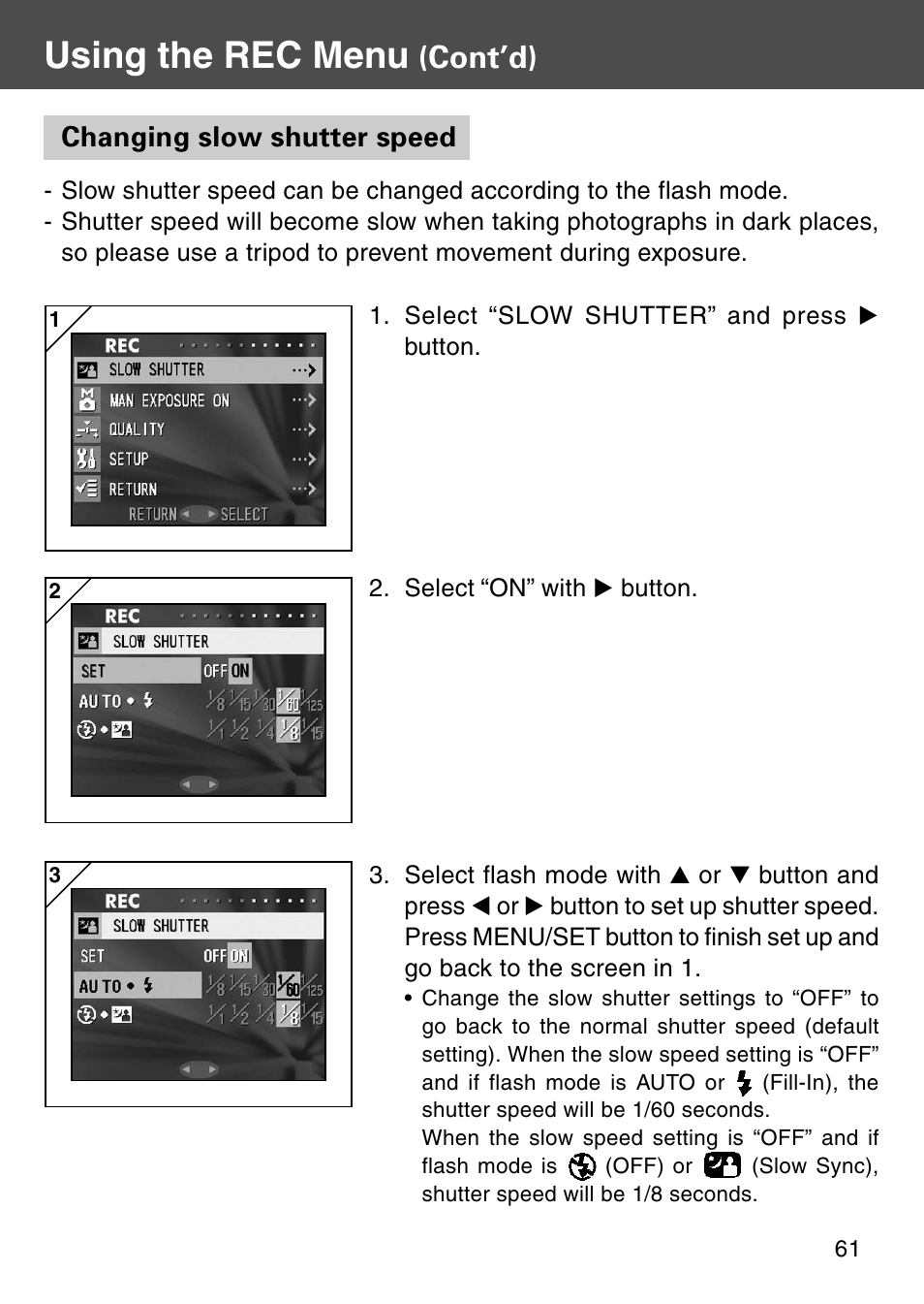 Changing slow shutter speed, Using the rec menu, Cont’d) | Konica Minolta KD-510Z User Manual | Page 61 / 131