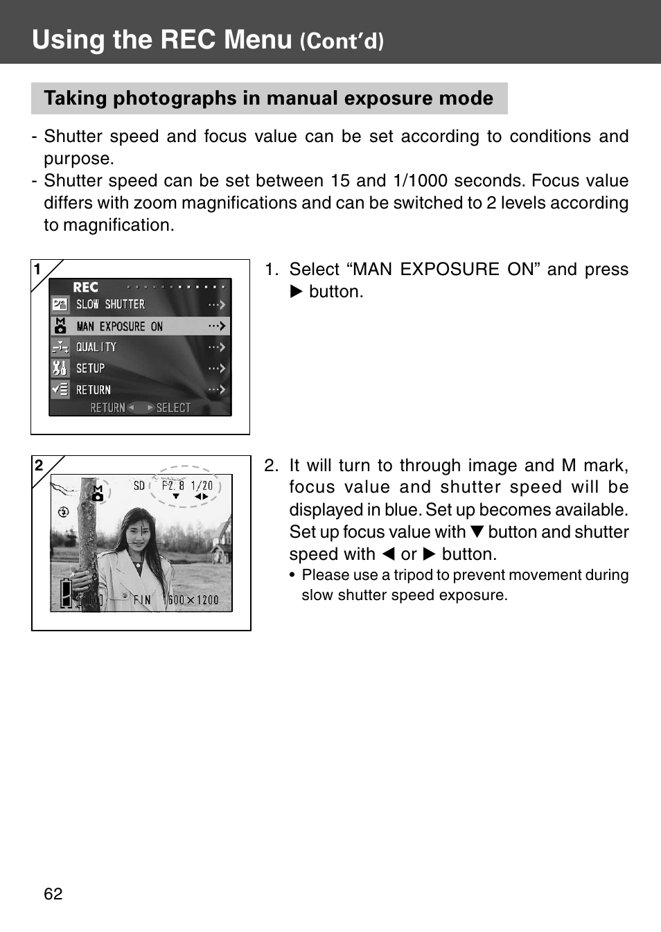 Taking photographs in manual exposure mode, Taking photograph in manual exposure mode, Using the rec menu | Cont’d) | Konica Minolta KD-510Z User Manual | Page 62 / 131