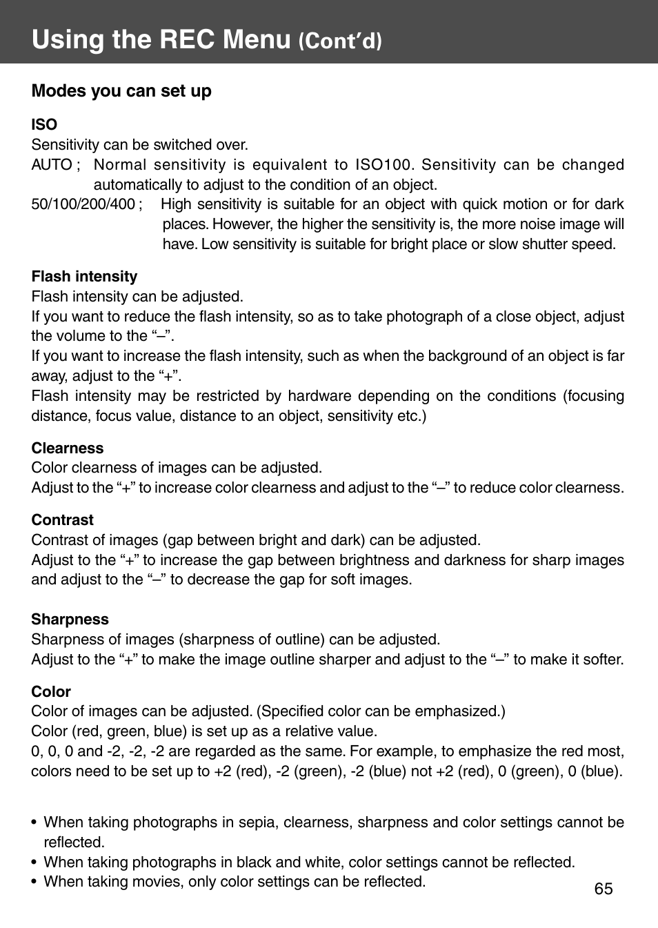 Using the rec menu, Cont’d) | Konica Minolta KD-510Z User Manual | Page 65 / 131