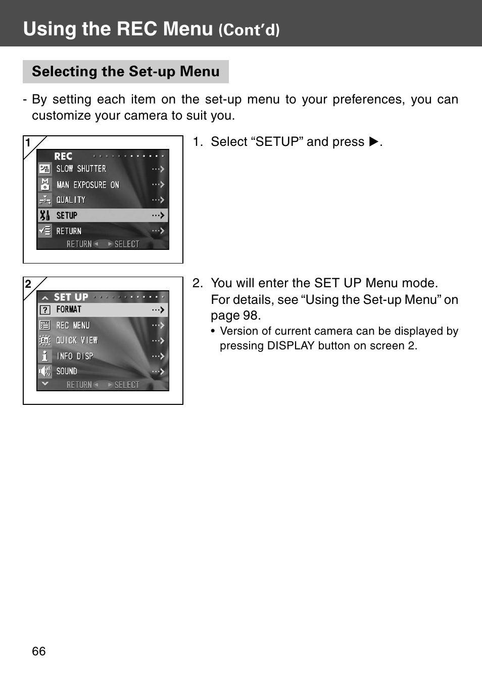 Selecting the set-up menu, Using the rec menu, Cont’d) | Konica Minolta KD-510Z User Manual | Page 66 / 131