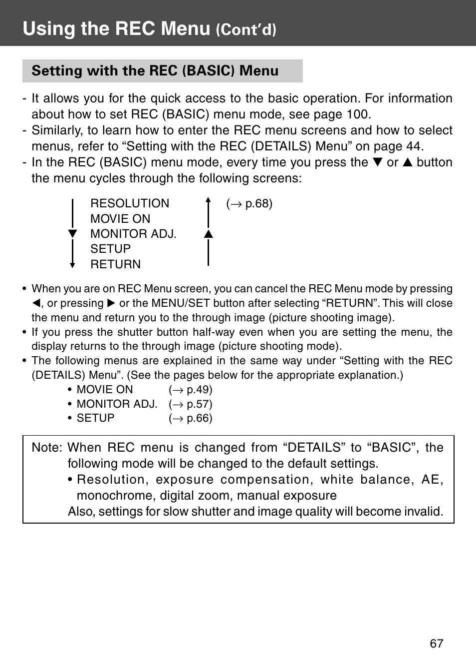 Setting with the rec (basic) menu, Using the rec menu, Cont’d) | Konica Minolta KD-510Z User Manual | Page 67 / 131