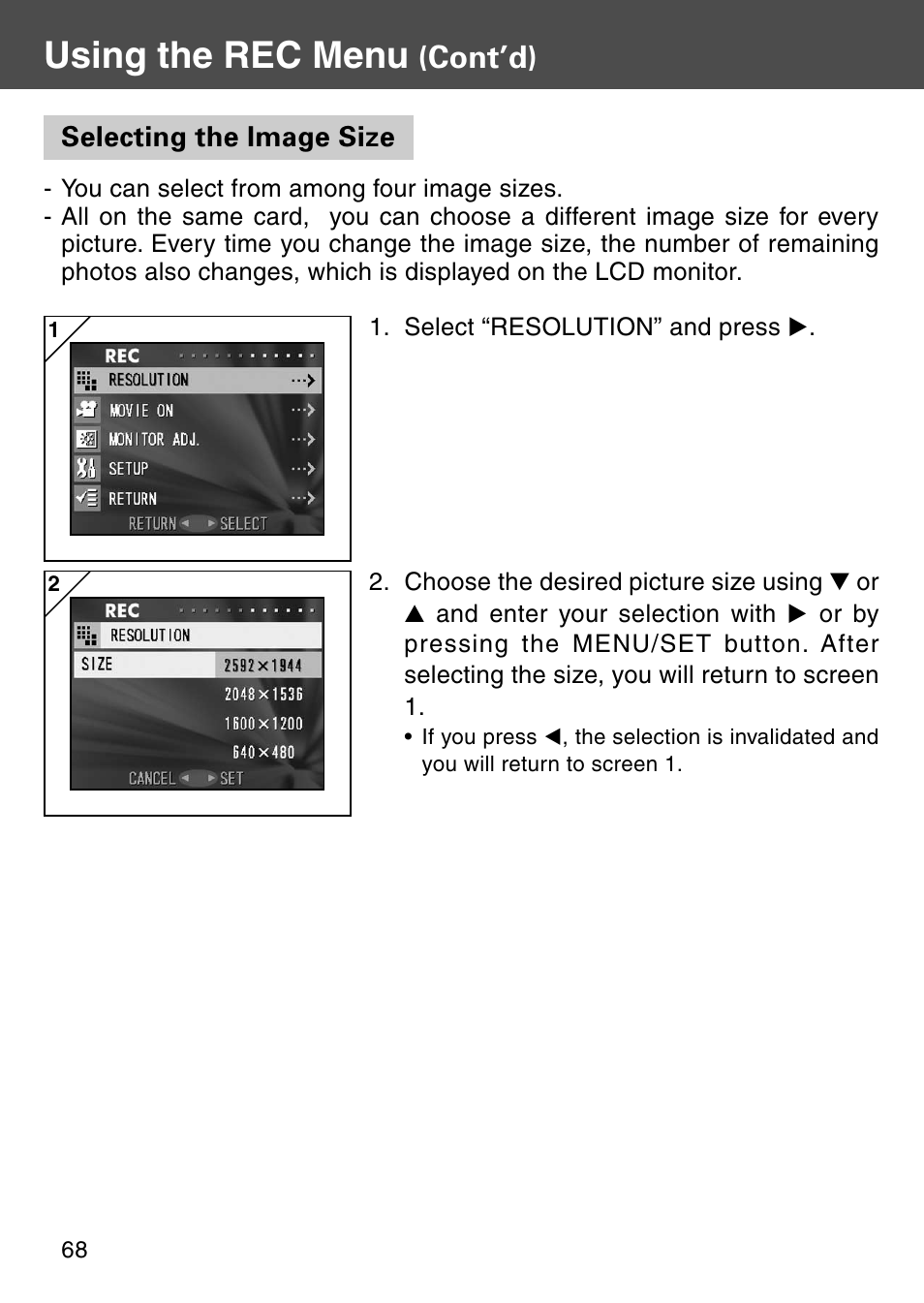 Selecting the image size, Using the rec menu, Cont’d) | Konica Minolta KD-510Z User Manual | Page 68 / 131