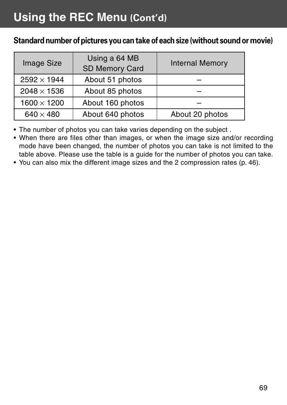 Using the rec menu, Cont’d) | Konica Minolta KD-510Z User Manual | Page 69 / 131