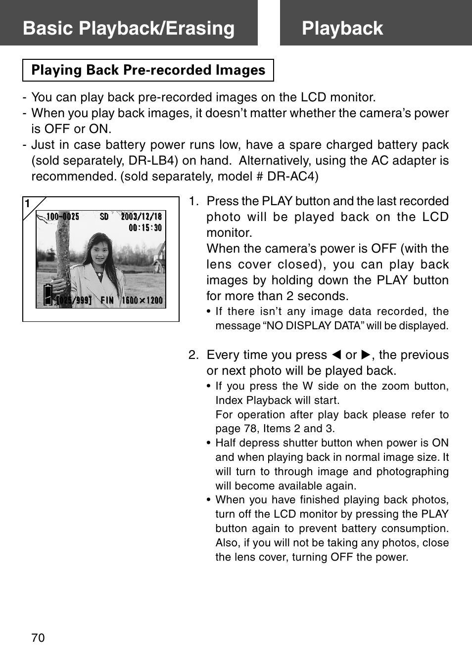 Basic playback/erasing, Playback, Playing back pre-recorded images | Basic playback/erasing playback | Konica Minolta KD-510Z User Manual | Page 70 / 131