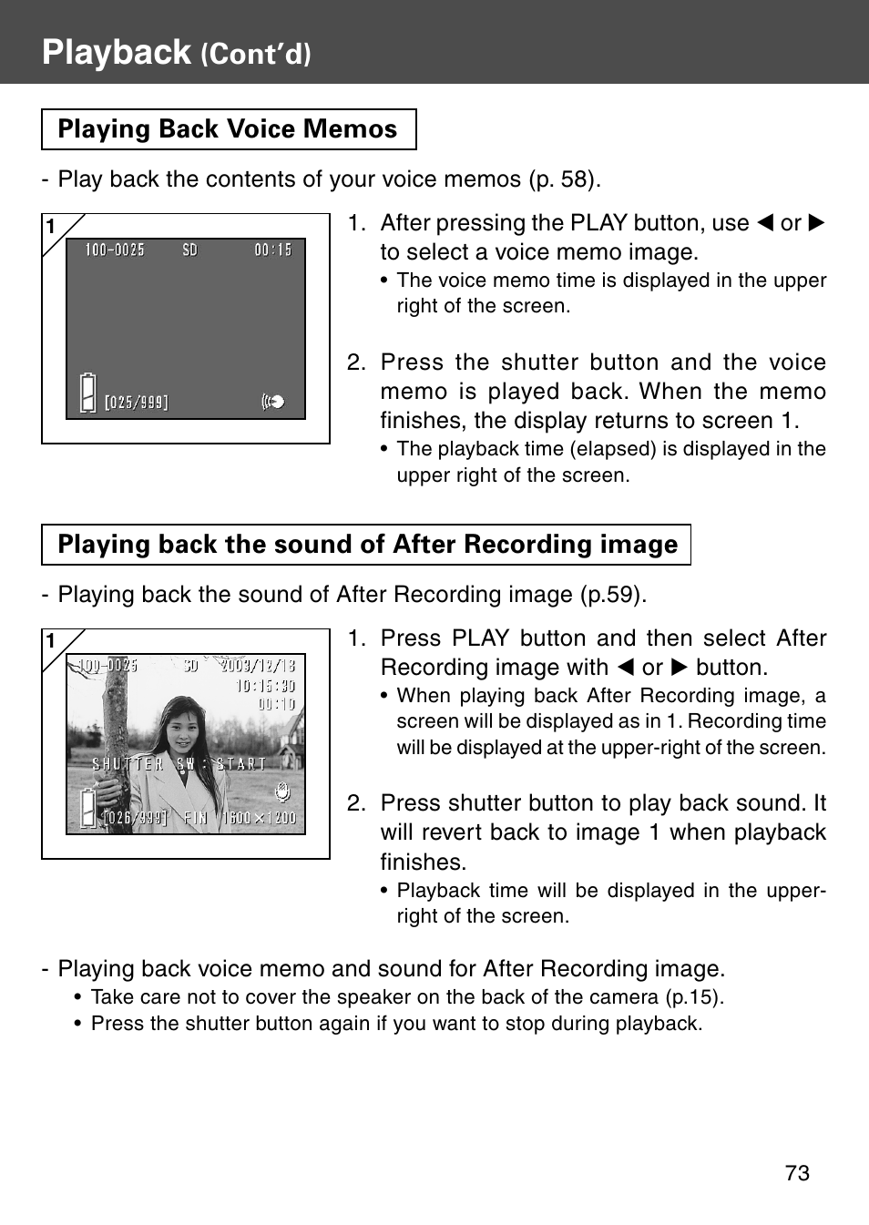 Playing back voice memos, Playing back the sound of after recording image, Playback | Cont’d) | Konica Minolta KD-510Z User Manual | Page 73 / 131