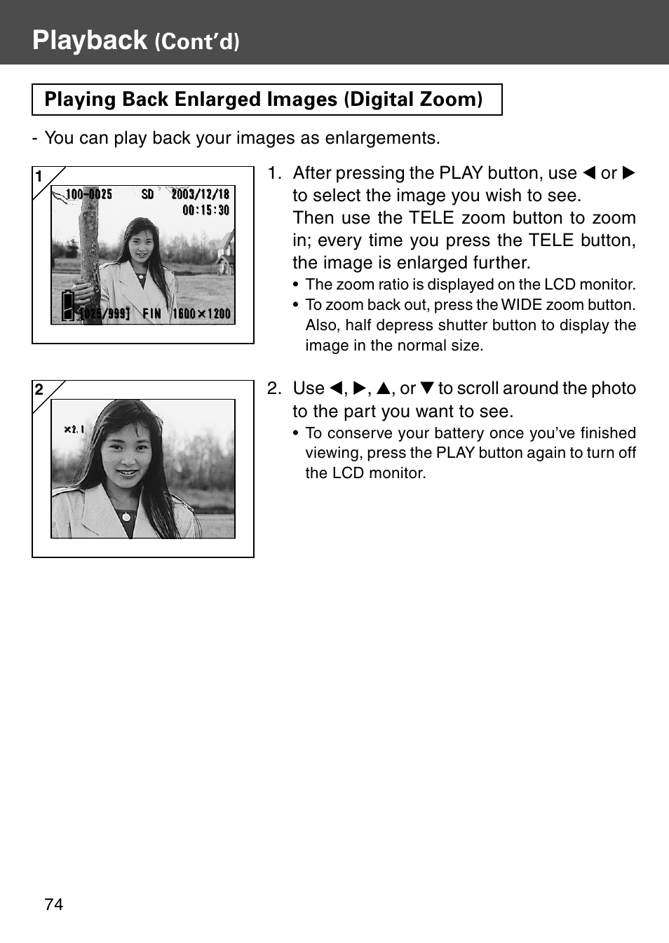 Playing back enlarged images (digital zoom), Playback, Cont’d) | Konica Minolta KD-510Z User Manual | Page 74 / 131