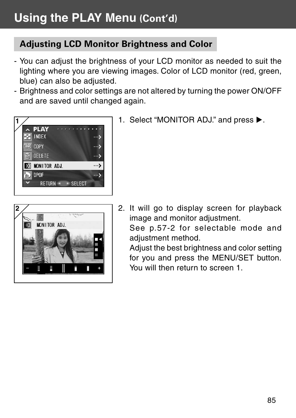 Adjusting lcd monitor brightness and color, Using the play menu, Cont’d) | Konica Minolta KD-510Z User Manual | Page 85 / 131